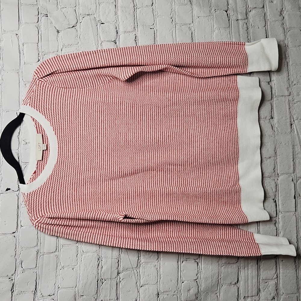 LOFT Red and White Striped Crew Neck Cotton Sweater Medium